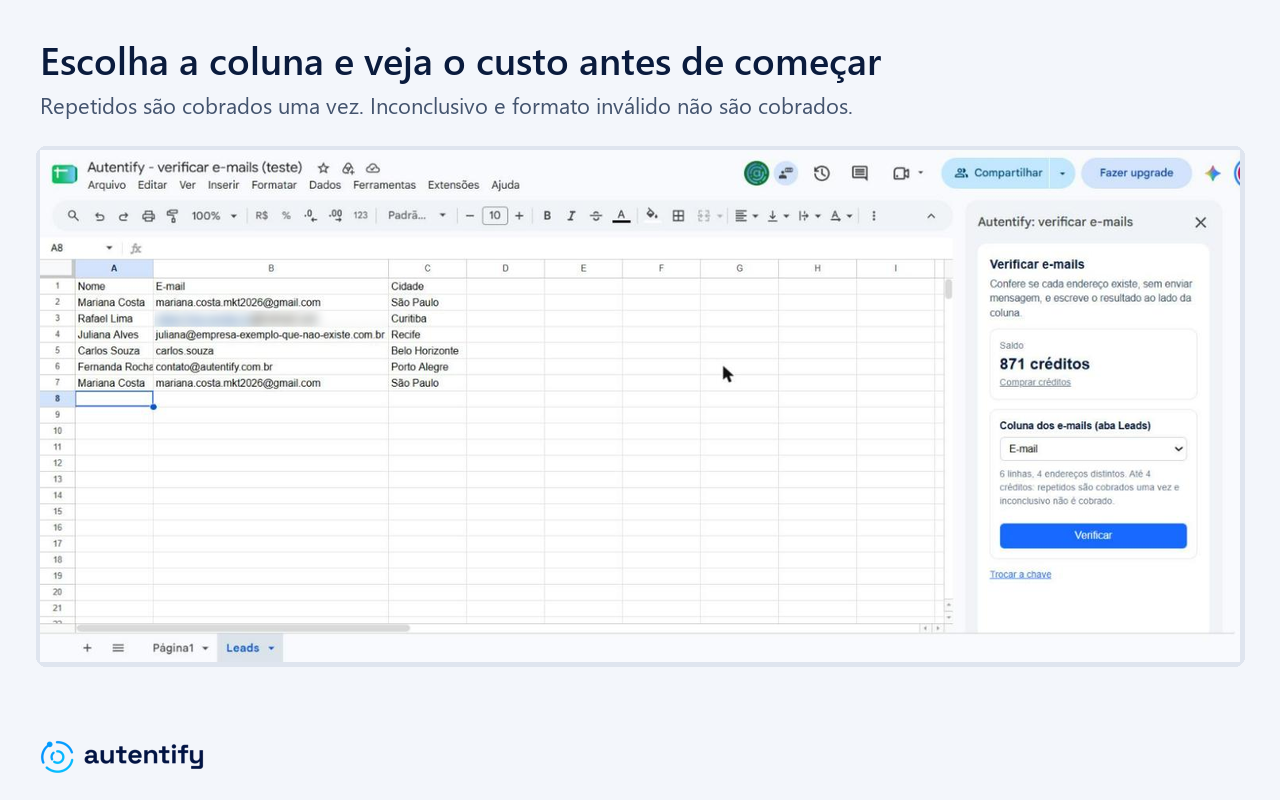 Barra lateral do complemento: escolha da coluna dos e-mails e o custo antes de começar